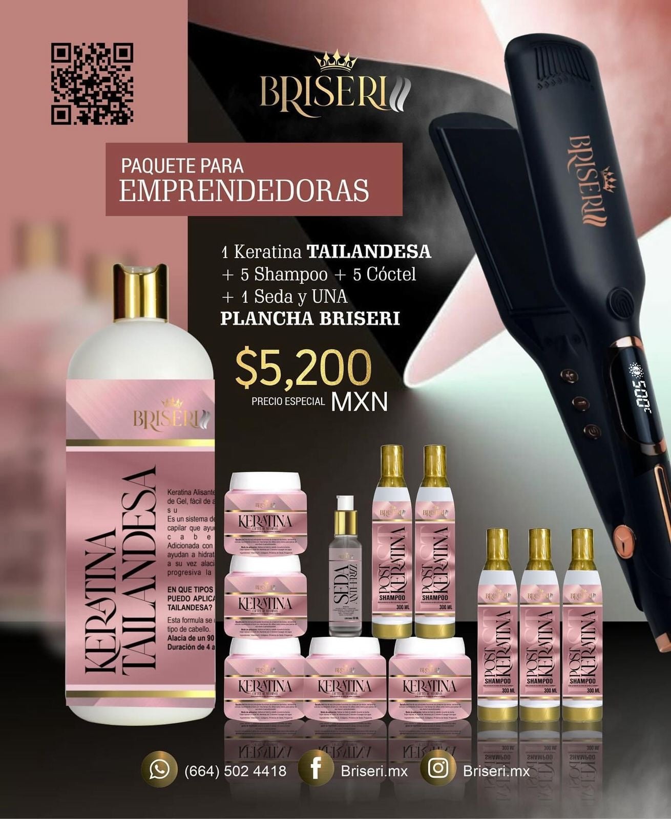 Paquete emprendedoras KERATINA TAILANDESA + plancha , 5 cóctel , 5 shampoo y 1 seda